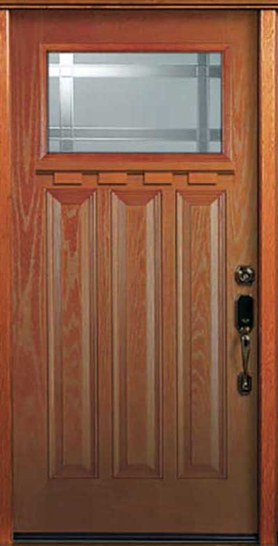 single fibreglass door with small square glass insert on the top