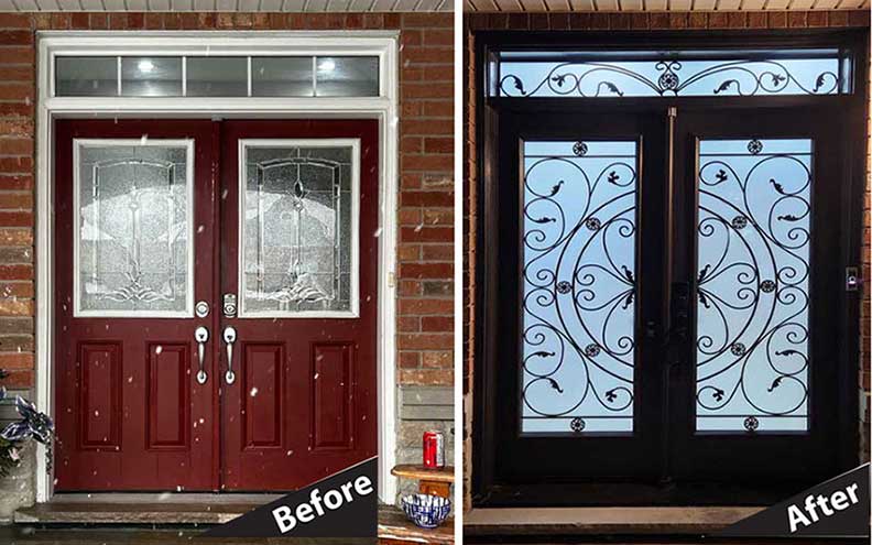 fiberglass doors with wrought iron insett