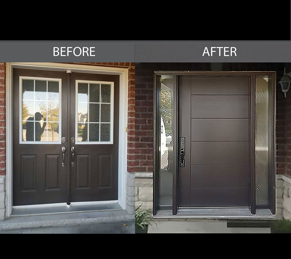 brown fiberglass door with two sidelites