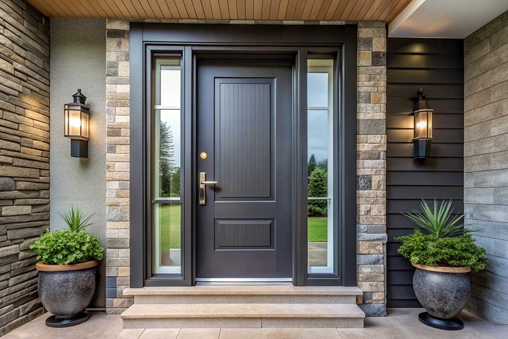 brown fiberglass door with two side light