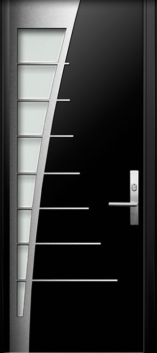 dark brown steel door with stainless and frosted glass